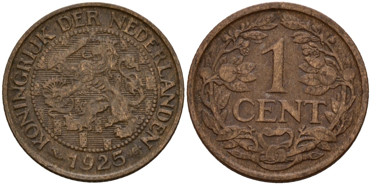 Нидерланды 1 цент 1925 Вильгельмина I (1890-1948) KM 152 бронза 4154-912