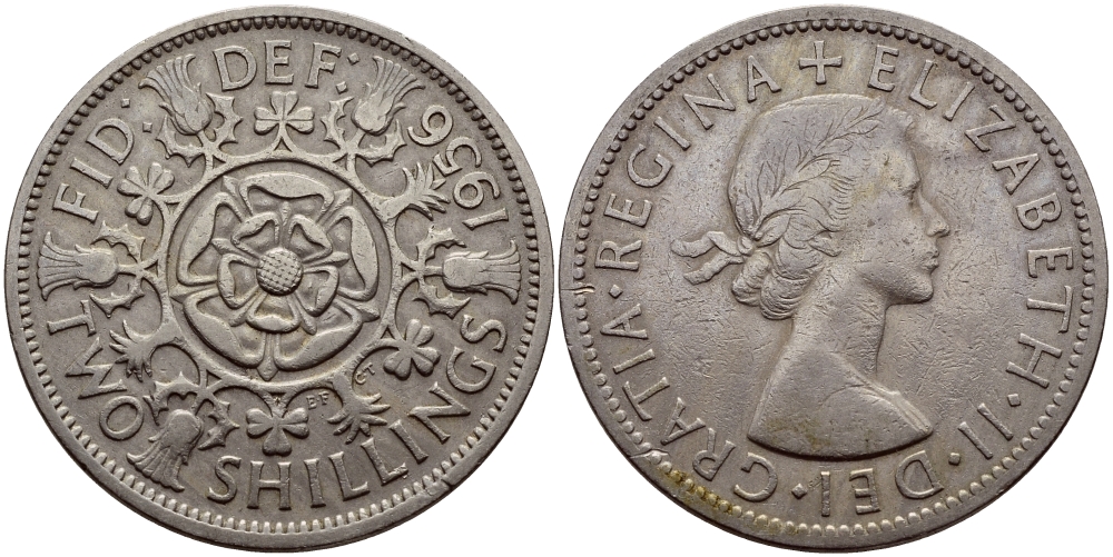 Великобритания 2 шиллинга (флорин) 1956 Елизавета II (1952-2022) KM 906, Spink 4146 медно-никель 85-645
