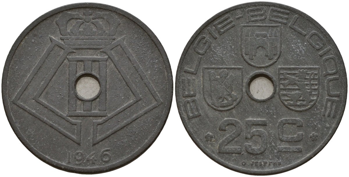 Бельгия 25 сантимов 1946 Belgie - Belgique, Леопольд III (1934-1947), германская оккупация, Вторая мировая война KM 132 цинк 4157-711
