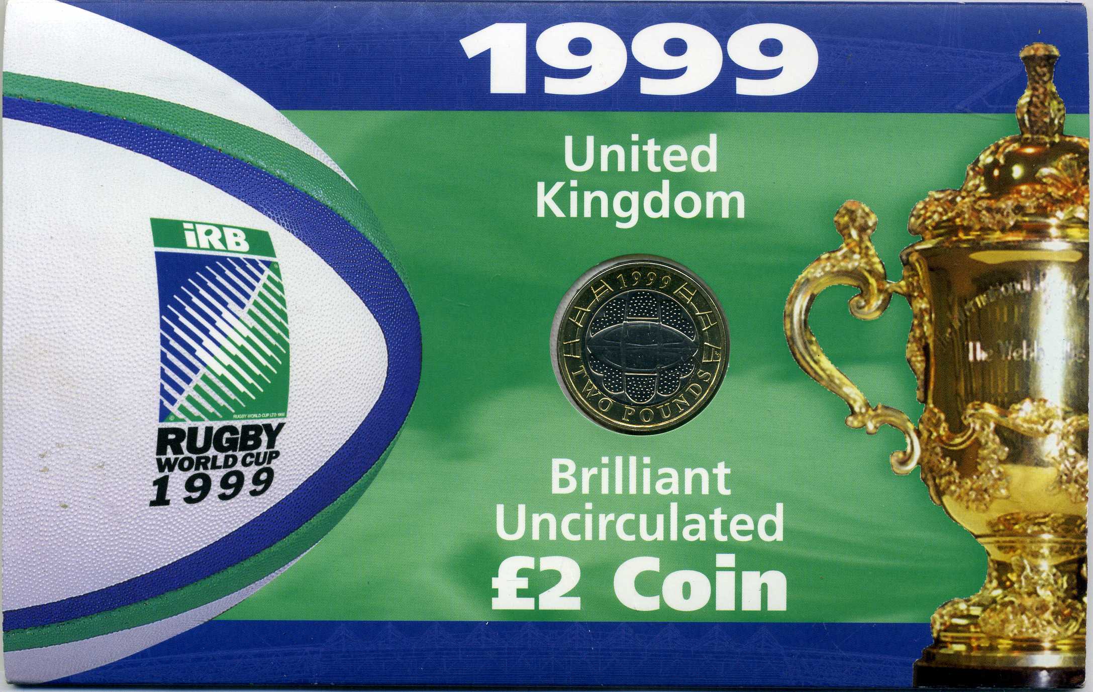 Великобритания 2 фунта 1999 Елизавета II (1952-2022), Чемпионат мира по регби, в оригинальном картонном буклете KM 999, Spink 4571 (K10) биметалл BUNC 3-4-4-46