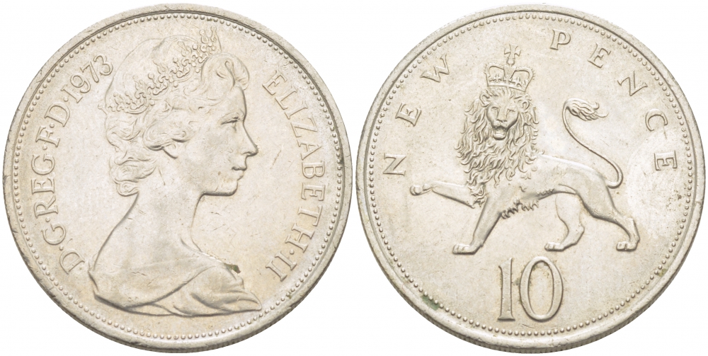 Великобритания 10 пенсов 1973 Елизавета II (1952-2022) KM 912, Spink 4231 (F1) медно-никель  215-416