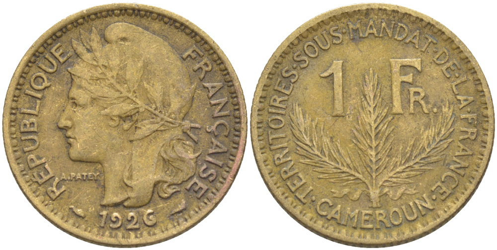 Французский Камерун 1 франк 1926 (а), монетный двор Париж KM 2 алюминиевая бронза 3459-217