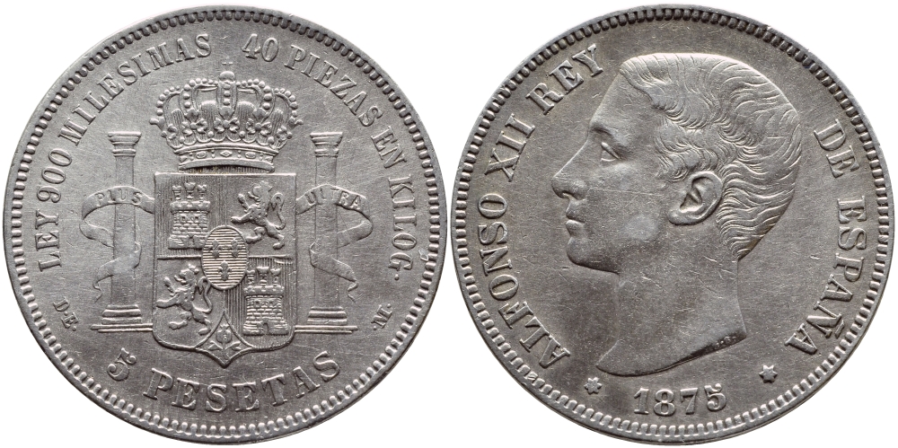 ИСПАНИЯ 5 ПЕСЕТ 1875 (75) DE-M, АЛЬФОНСО XII KM 671 серебро 00-00