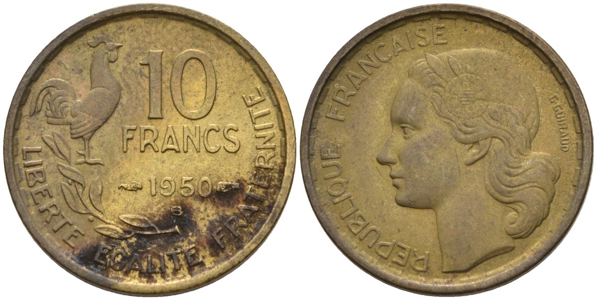 Франция 10 франков 1950 B, петух KM 915.2, Le Franc 363.5 алюминиевая бронза 4142-1241