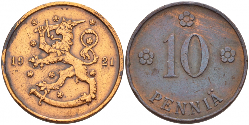 Финляндия 10 пенни 1921 республика (1918-1962) KM 24 медь 4548-256
