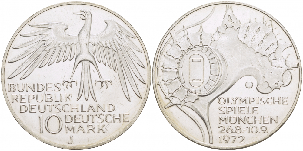 ФРГ 10 МАРОК 1972 J, ОЛИМПИАДА, СТАДИОН KM 133, J.404 серебро UNC 3457-345
