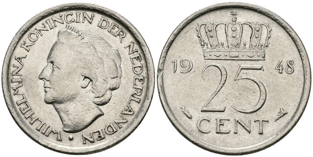 НИДЕРЛАНДЫ 25 ЦЕНТОВ 1948 ВИЛЬГЕЛЬМИНА KM 178 никель 46-2238