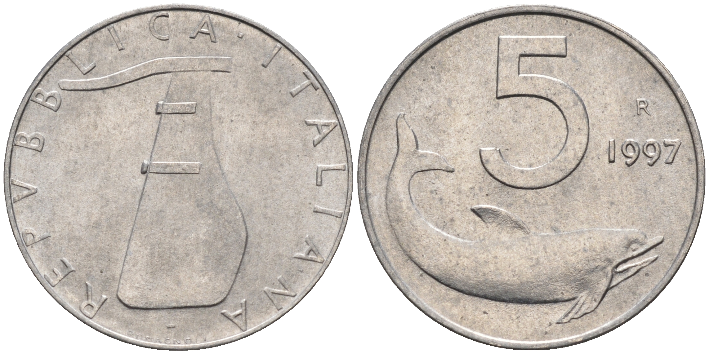 Италия 5 лир 1997 R, дельфин KM 92 алюминий  UNC  4594-661
