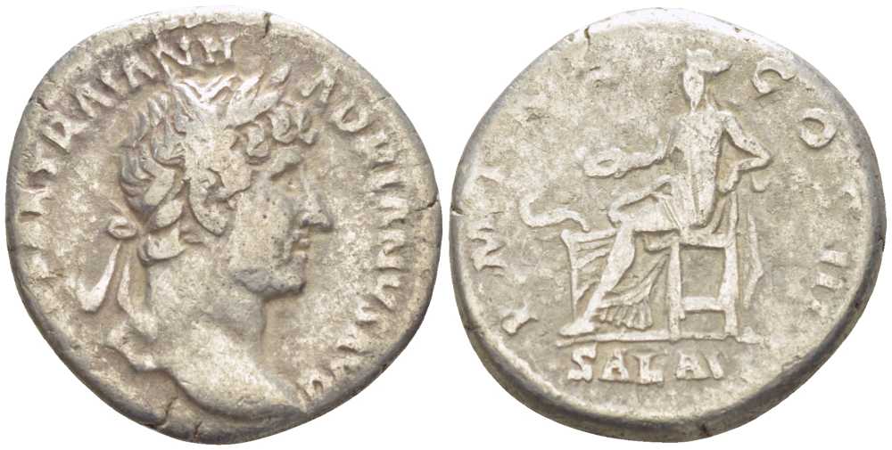 Римская Империя денарий 119 - 122 Адриан, IMP CAESAR TRAIAN HADRIANVS AVG / P M TR P COS III SAL AVG, Рим, fine RIC 137 b серебро 1073-6-86