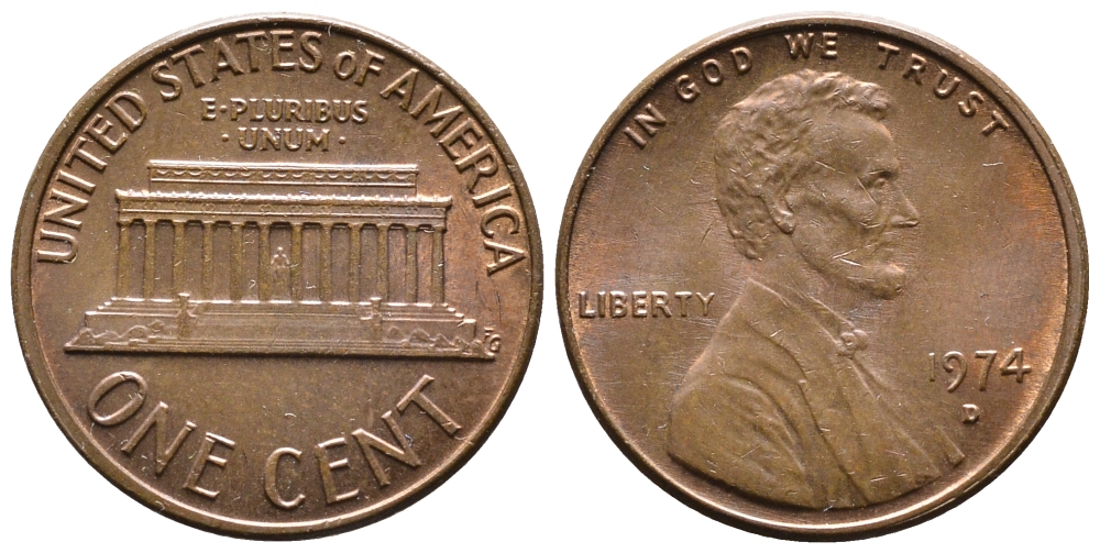 США 1 ЦЕНТ 1974 D, ЛИНКОЛЬН KM 201 медь цинк 4364-856