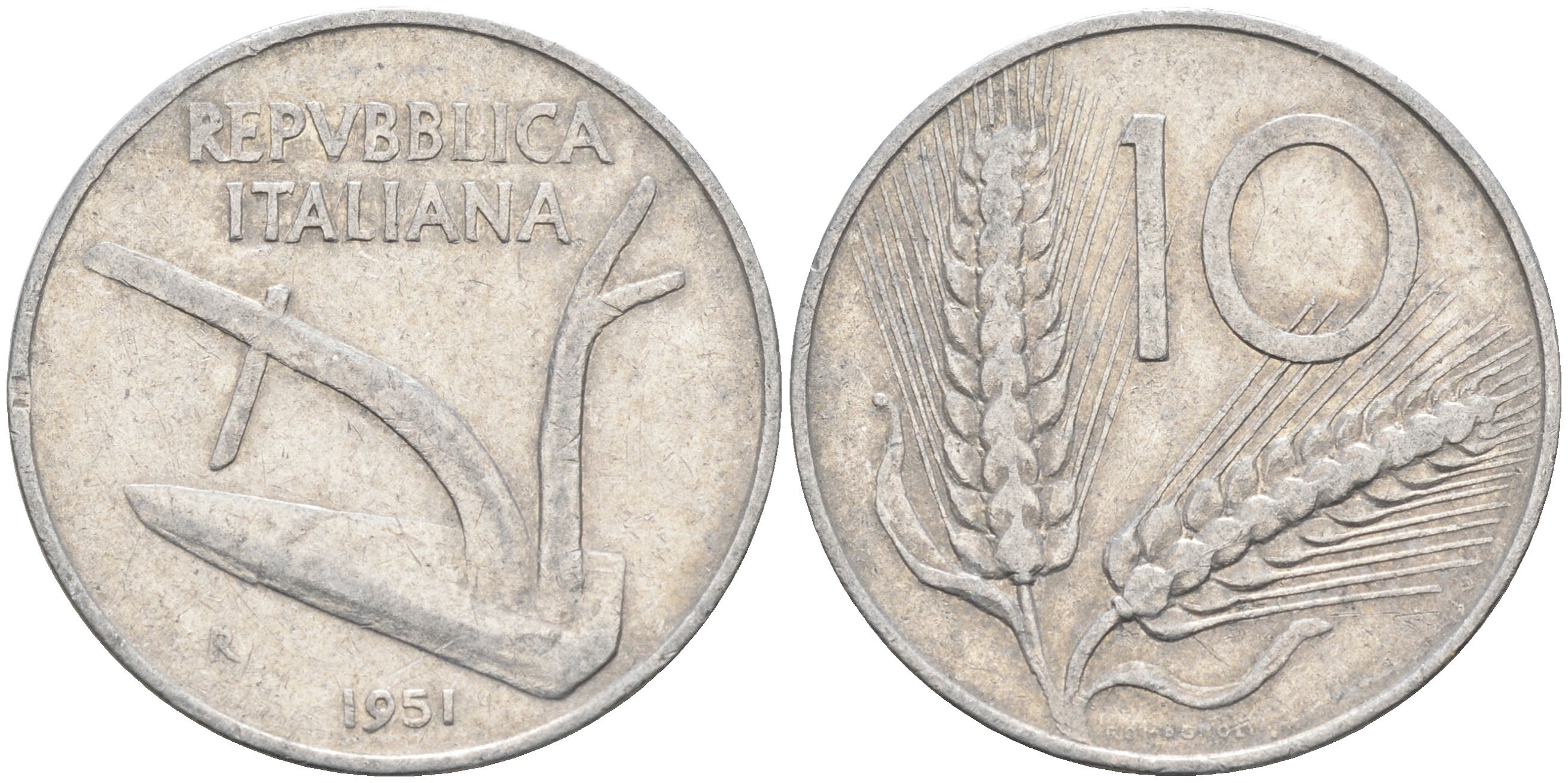 Италия 10 лир 1951 R, плуг KM 93 алюминий    4595-143