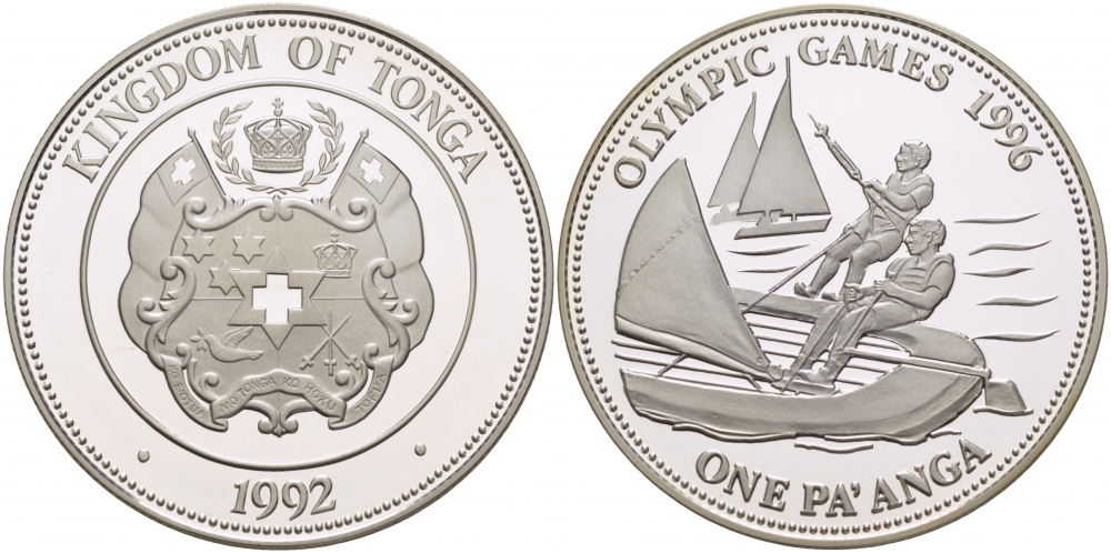 Тонга 1 паанга 1992 XXVI летние Олимпийские игры 1996 года в Атланте, парусный спорт KM 156 серебро PROOF 04-101-31