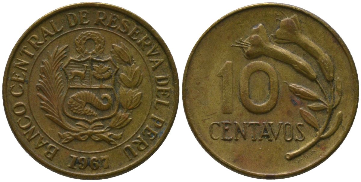 Перу 10 сентаво 1967 KM 245.1 латунь 4532-161