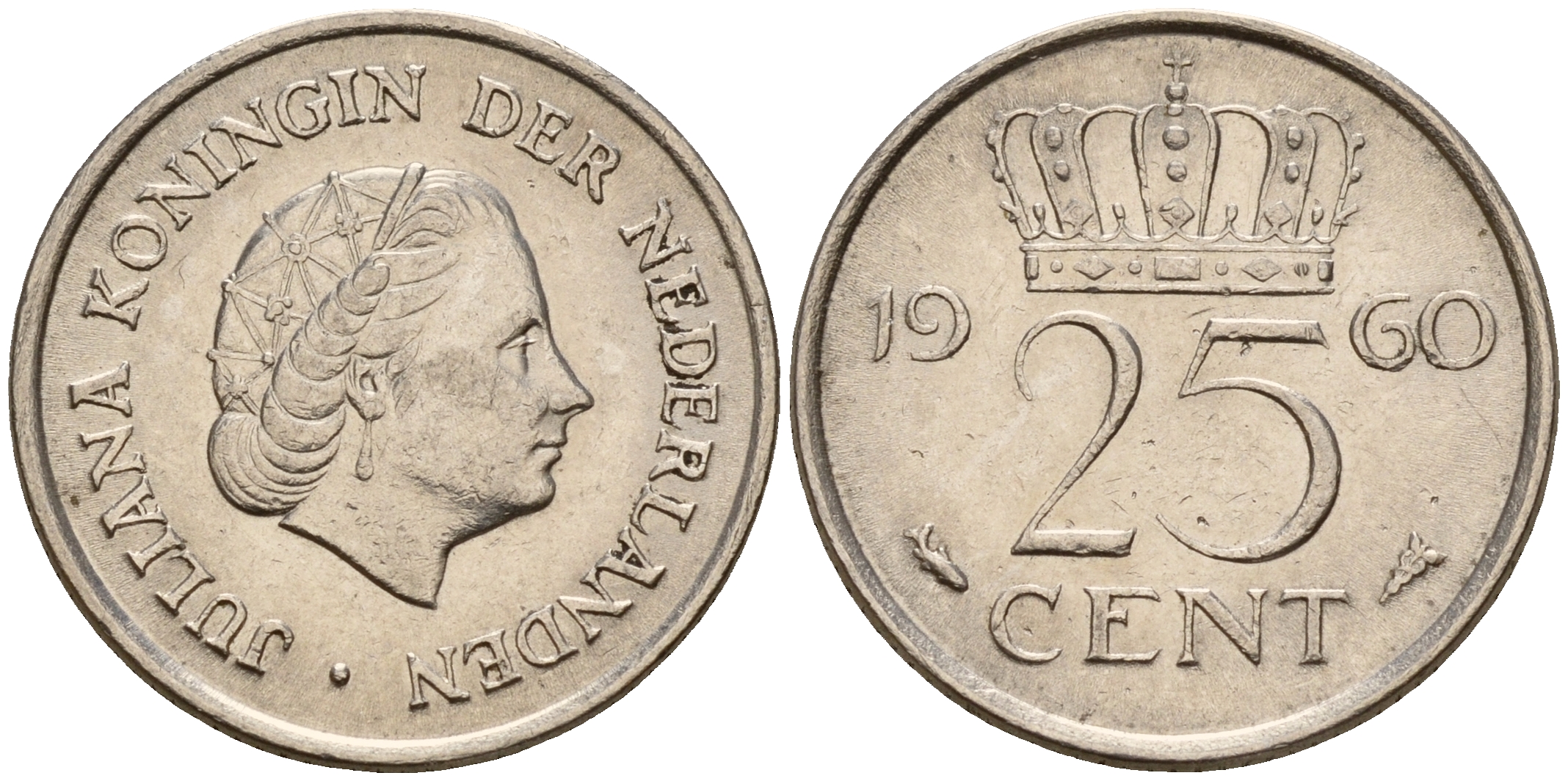 Нидерланды 25 центов 1960 Юлиана (1949-1980) KM 183 никель    4598-362