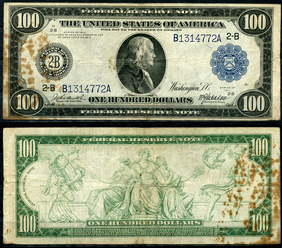 США 100 долларов 1914 Нью-Йорк (2-В), Бенджамин Франклин, голубая серия, подпись Burke, McAdoo Pick 363 b B(1)  бумага   451-756-1