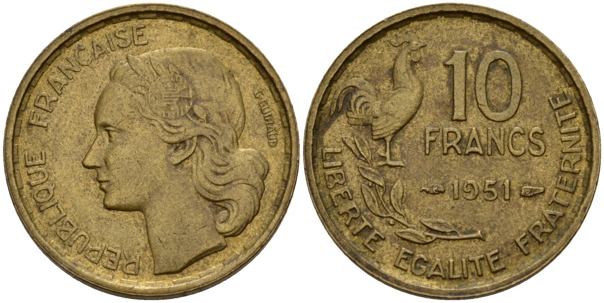 Франция 10 франков 1951 B, петух KM 915.2, Le Franc 363.5 алюминиевая бронза 4159-914