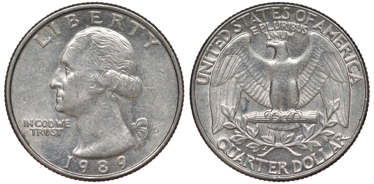 США 25 центов = квотер 1989 D, Вашингтон KM A164a медь плакированная медно-никелем 4556-1155
