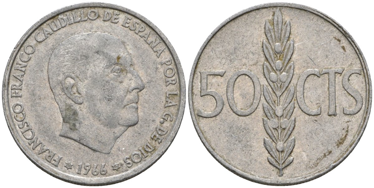Испания 50 сентимо 1966 (67) Франсиско Франко (1939-1975) KM 795 алюминий 4388-437