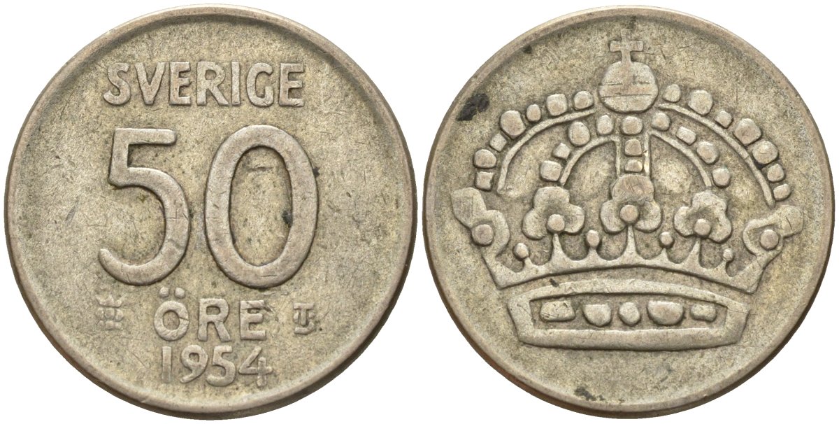 Швеция 50 эре 1954 TS, Густав VI Адольф (1950-1973) KM 825 серебро 4148-931