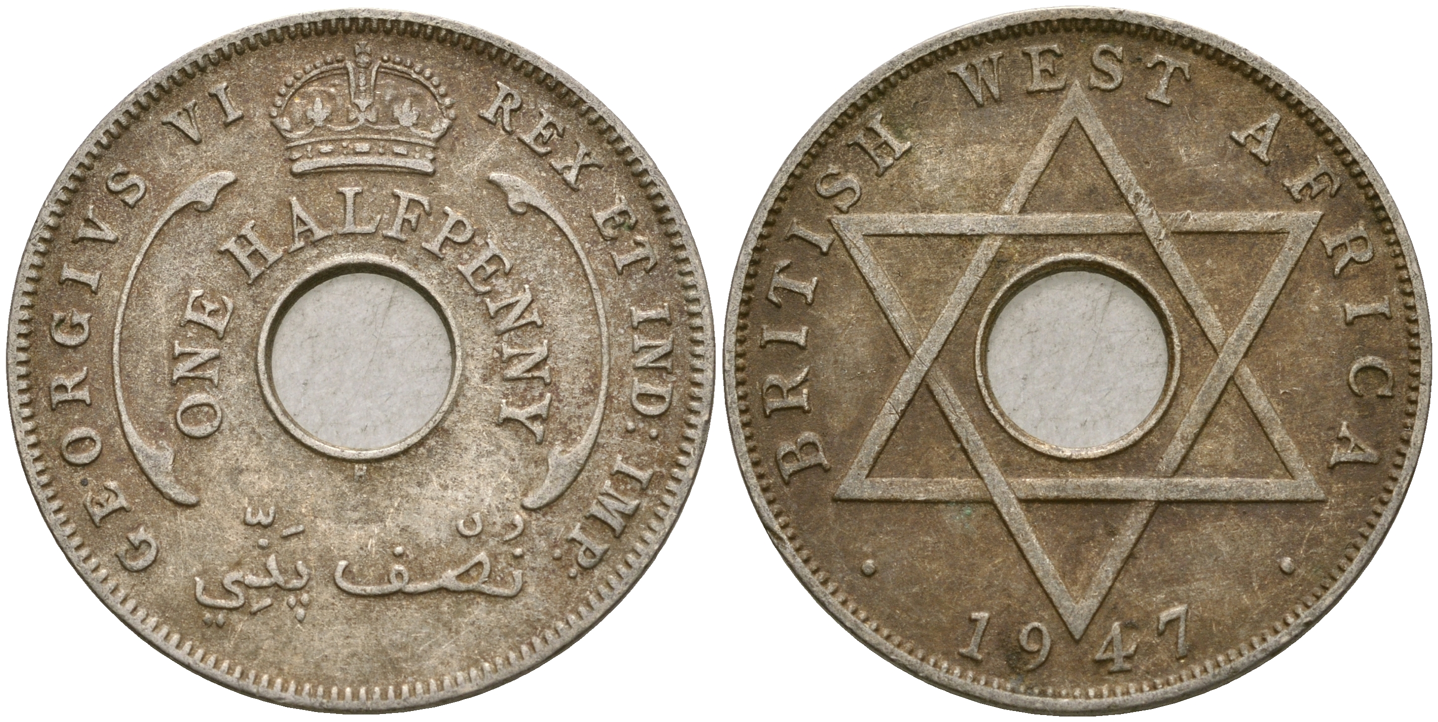 Британская Западная Африка 1/2 пенни 1947 H, Георг VI KM 18 медно-никель 25-1023