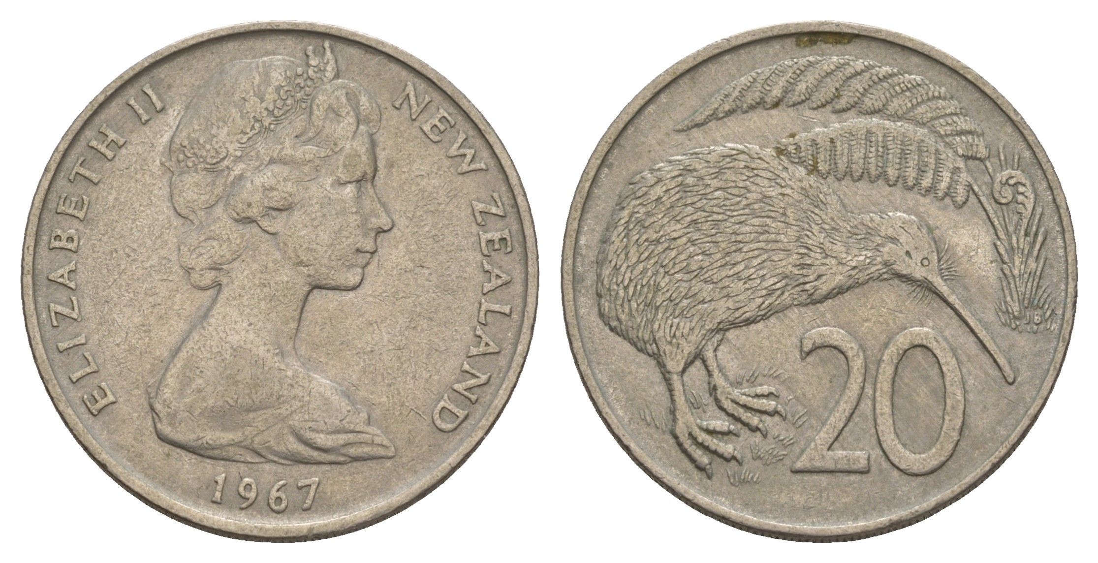 Новая Зеландия 20 центов 1967 Елизавета II (1952-2022), птичка киви KM 36.1 медно-никель 4653-244