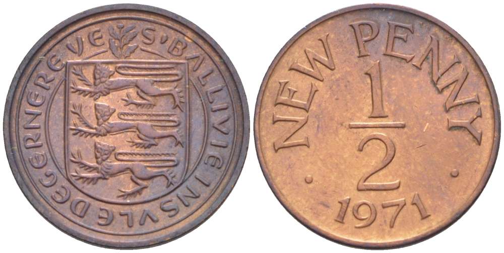 Гернси 1/2 пенни 1971 Елизавета II (1952-2022), герб KM 20 бронза UNC 4519-655