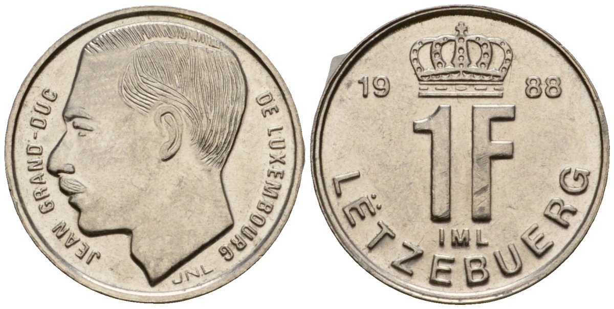 Люксембург 1 франк 1988 KM 63 сталь плакированная никелем 4602-154