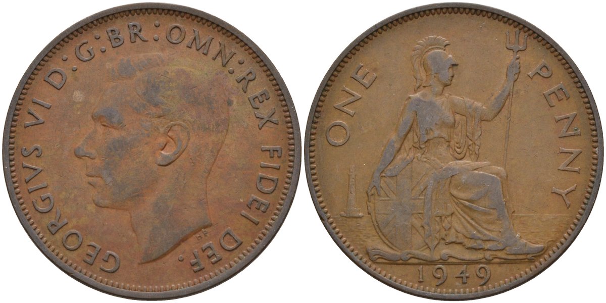 Великобритания 1 пенни 1949 Георг VI (1936-1952) KM 869, Spink 4117 бронза 4144-923