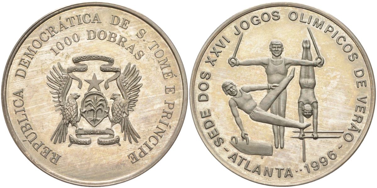 Сан-Томе и Принсипи 1000 добра 1996 XXVI Олимпийские игры 1996 года в Атланте, мужская гимнастика KM 64 медно-никель PROOF 4368-1013