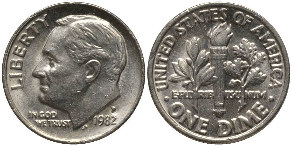 США 10 центов (дайм) 1982 P, Рузвельт KM 195а медь плакированная медно-никелем 3955-1068