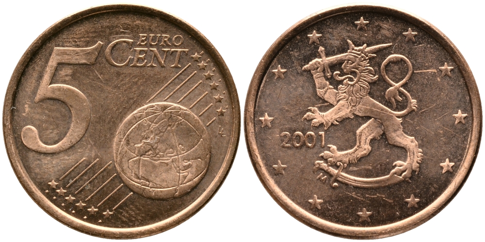 ФИНЛЯНДИЯ 5 ЕВРОЦЕНТОВ 2001 М KM 100 сталь плакированная медью 34-311