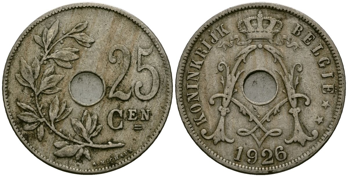 Бельгия 25 сантимов 1926 Belgie KM 69 медно-никель 4165-921