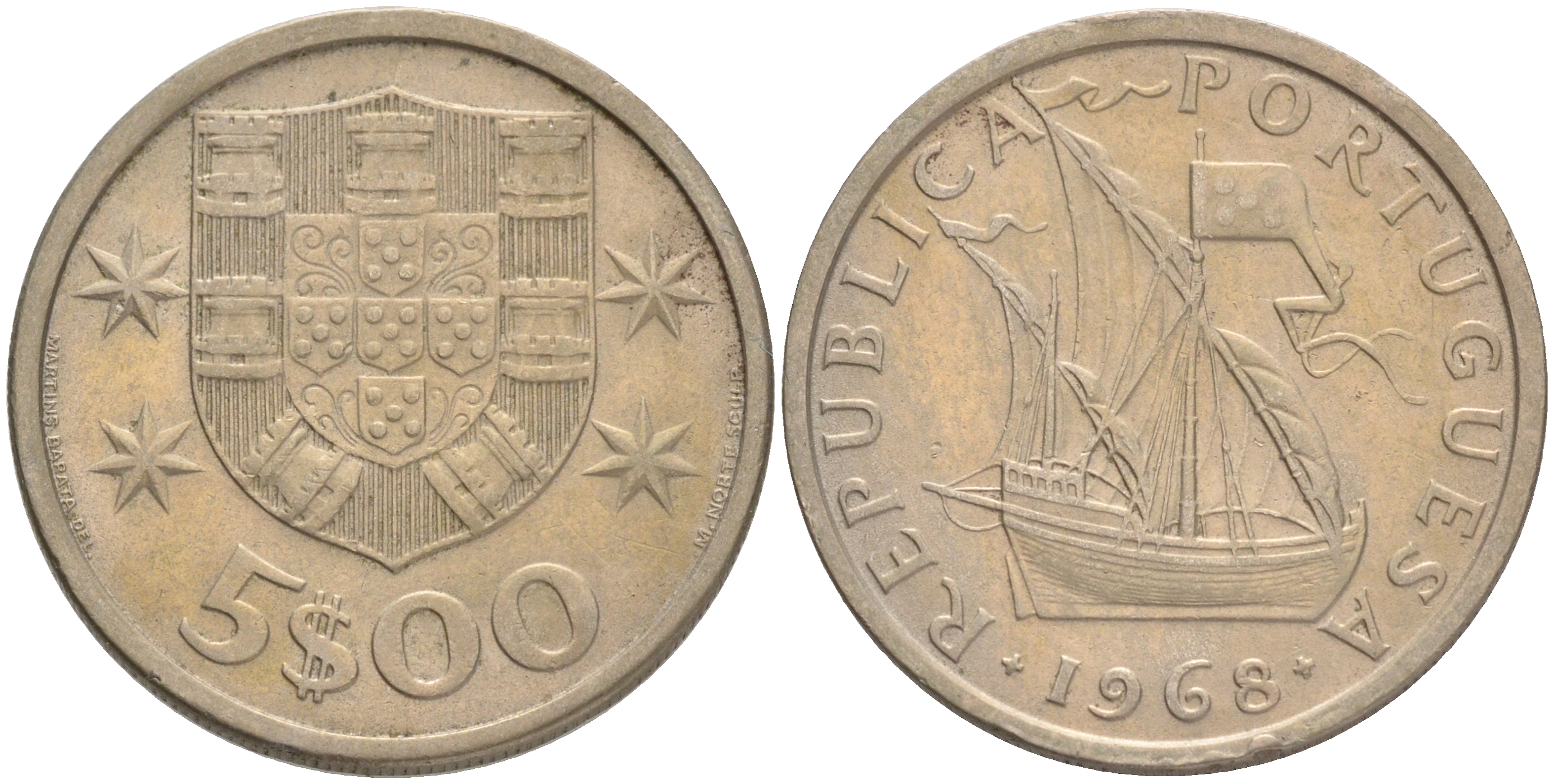 ПОРТУГАЛИЯ 5 ЭСКУДО 1968 ПАРУСНИК KM 591 медно-никель 4561-746