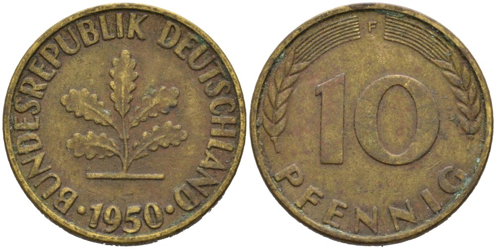 ФРГ 10 ПФЕННИГОВ 1950 F KM 103, J. 378 сталь плакированная латунью 4514-1154