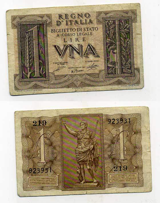 Италия 1 лира 1939 Pick 26, Grapanzano BS 6 бумага 8614-25-1-1