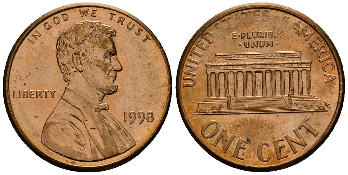 США 1 цент 1998 Линкольн KM 201b цинк плакированный медью 4136-345
