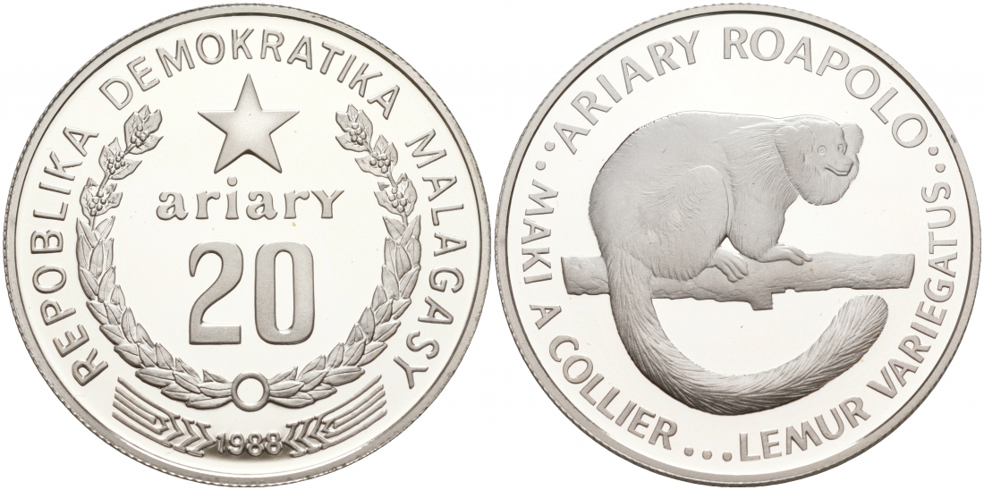 Мадагаскар 20 ариари 1988 серия 25 лет защиты окружающей среды KM 15 серебро PROOF 11-036-11