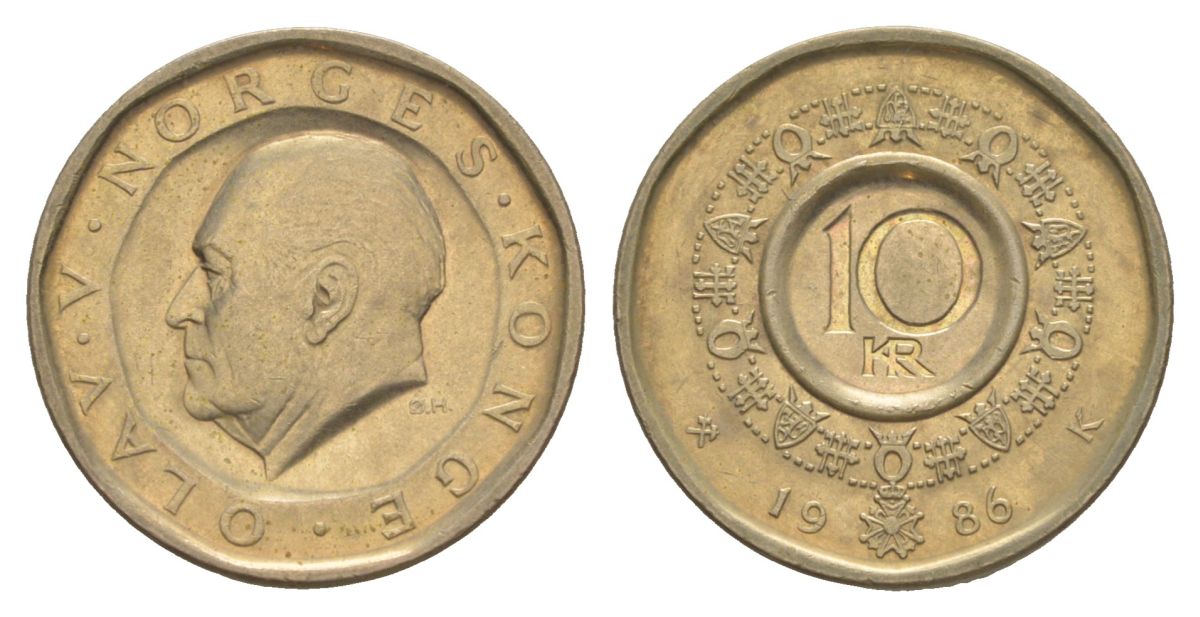 Норвегия 10 крон 1986 KM 427 никель латунь 4633-743
