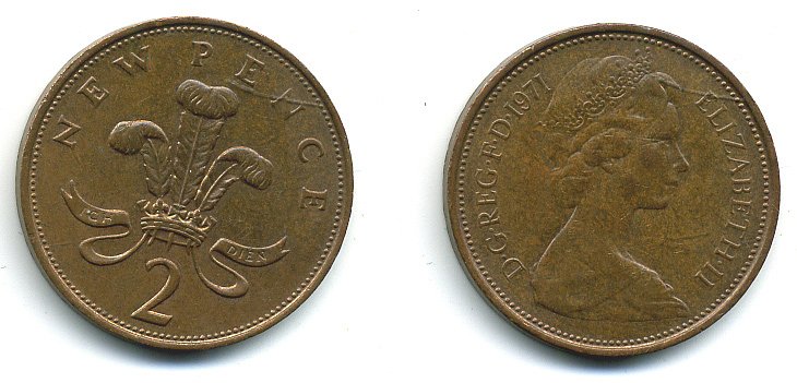 Великобритания 2 пенса 1971 Елизавета II (1952-2022) КМ 916, Spink 4235 (C1) бронза 4110-552