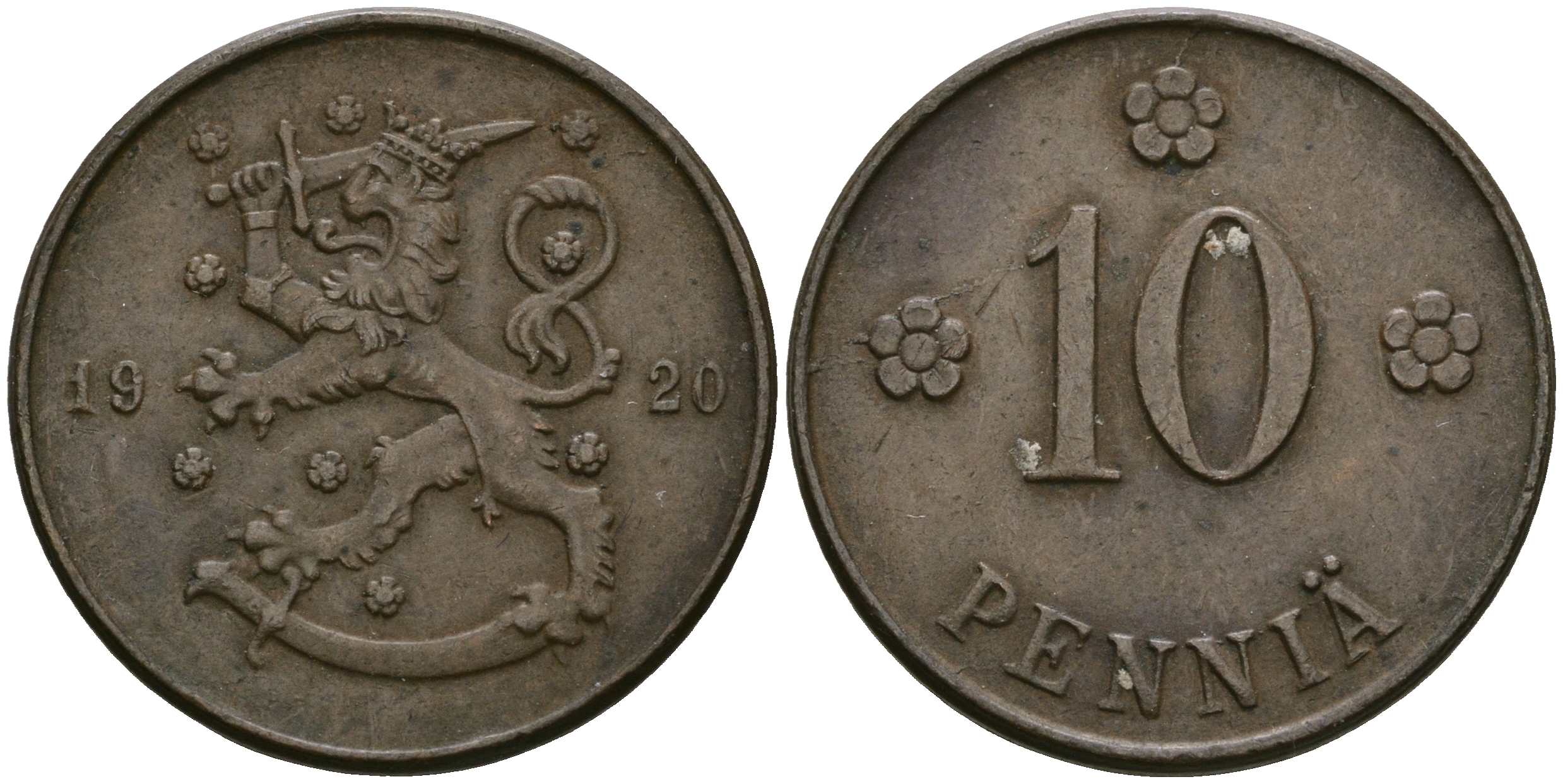Финляндия 10 пенни 1920 республика (1918-1962) KM 24 медь 08-1022