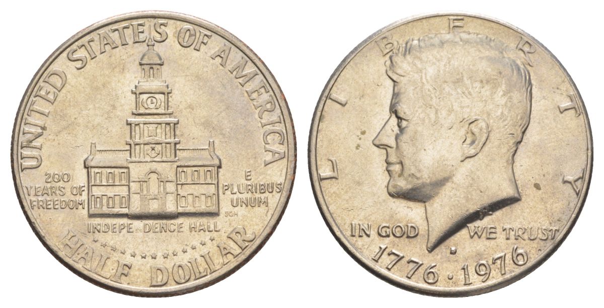 США 1/2 доллара (50 центов) 1976 D, 200 лет независимости, Джон Кеннеди KM 205 медь плакированная медно-никелем aUNC 4545-1146