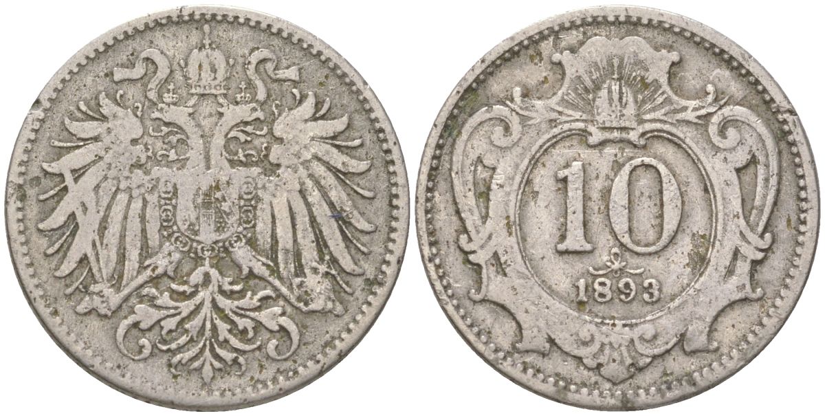 Австрия 10 геллеров 1893 Франц Иосиф I (1848-1916) KM 2802 никель 4613-1158