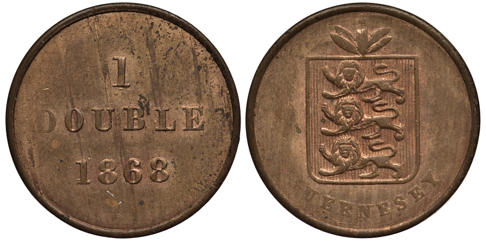 Гернси 1 дабл (дубль) 1868 KM 10 бронза 1524-1215