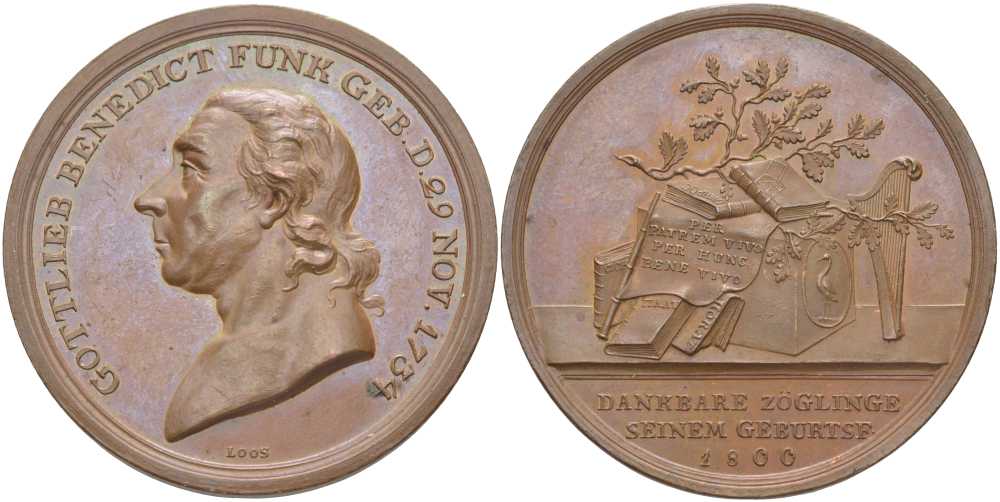 Магдебург медаль 1800 в честь ректора магдебургской кафедральной школы Готтфрида бенедикта Функа (1734-1814), диаметр 42,20 мм Hauswaldt 1329 (в серебре) бронза 00-814-11