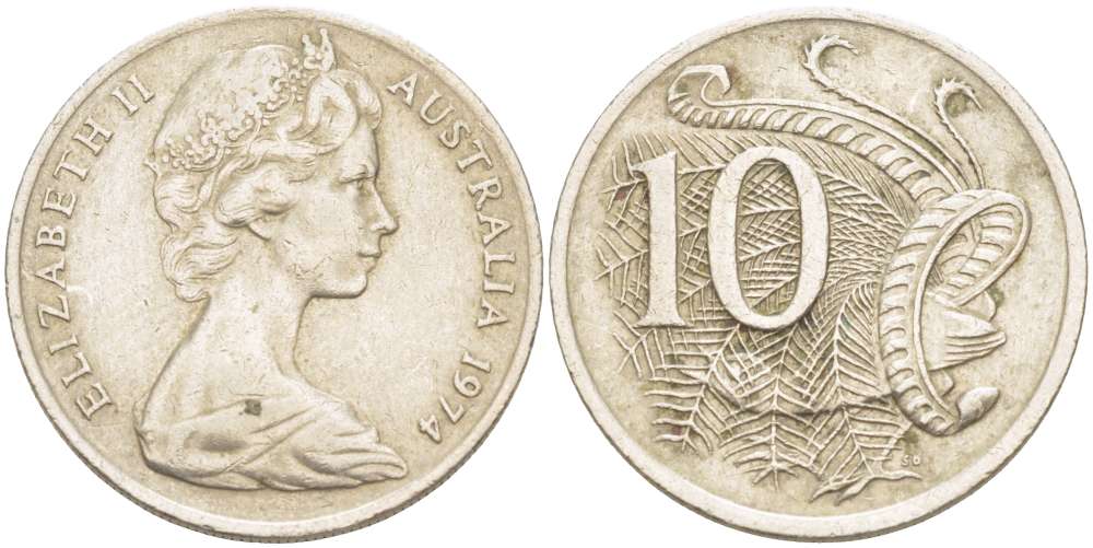 Австралия 10 центов 1974 Елизавета II (1952-), птица лирахвост KM 65 медно-никель 4519-415
