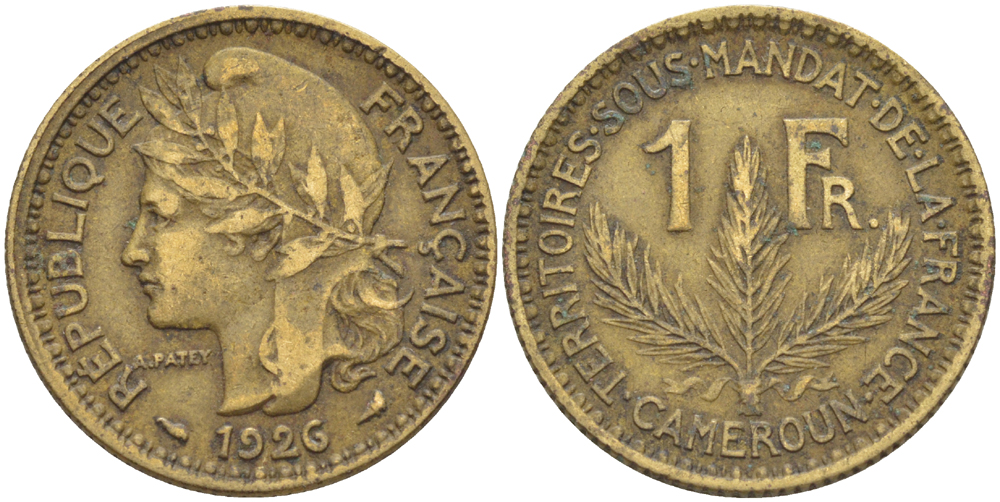 Французский Камерун 1 франк 1926 (а), монетный двор Париж KM 2 алюминиевая бронза 65-145