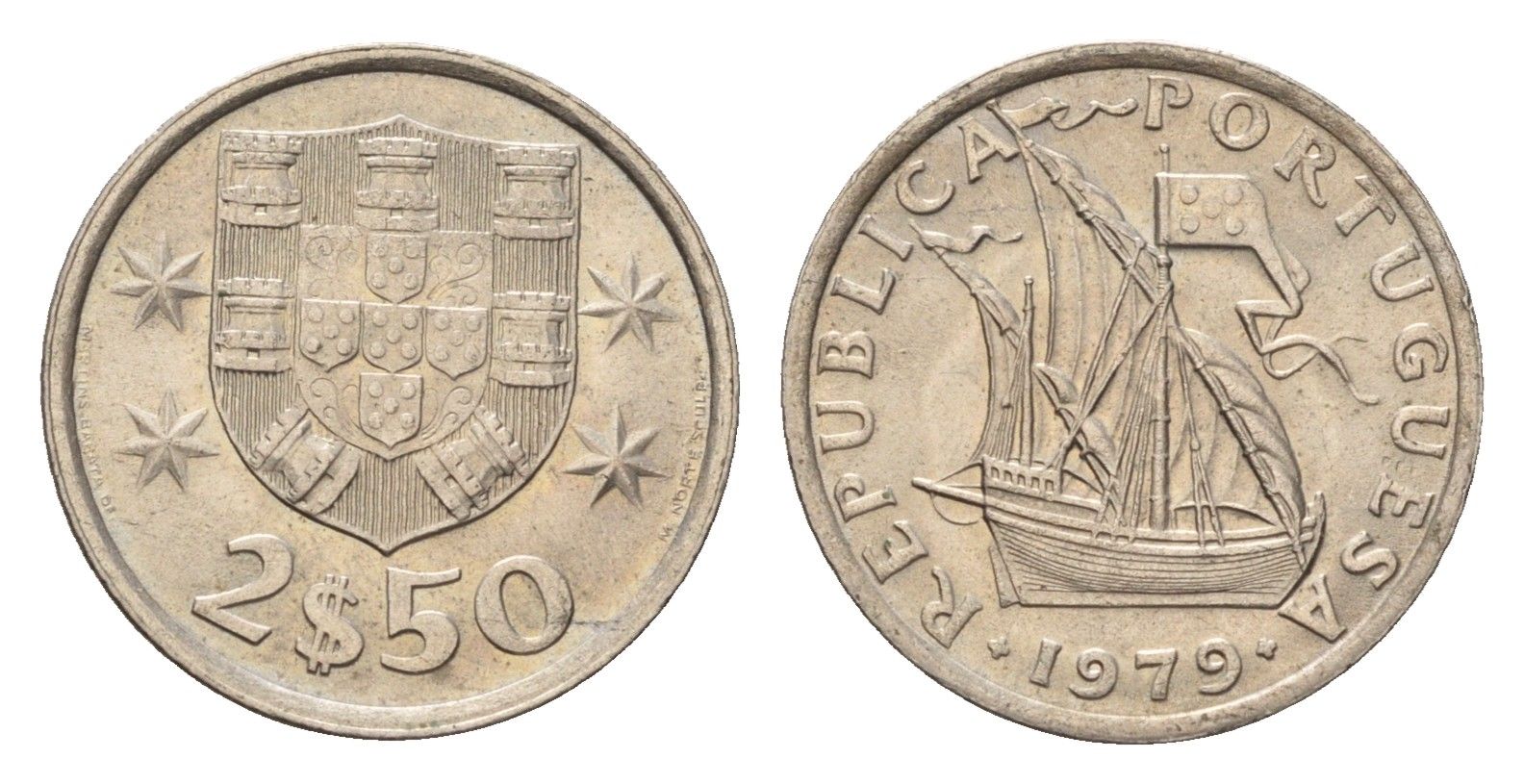 Португалия 2,5 эскудо 1979 парусник KM 590 медно-никель UNC 4708-354