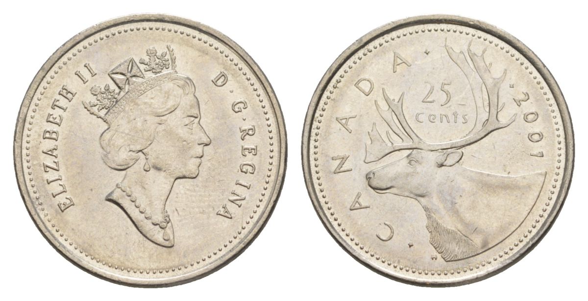 Канада 25 центов 2001 Елизавета II (1952-2022), олень KM 184b сталь плакированная никелем 4631-657