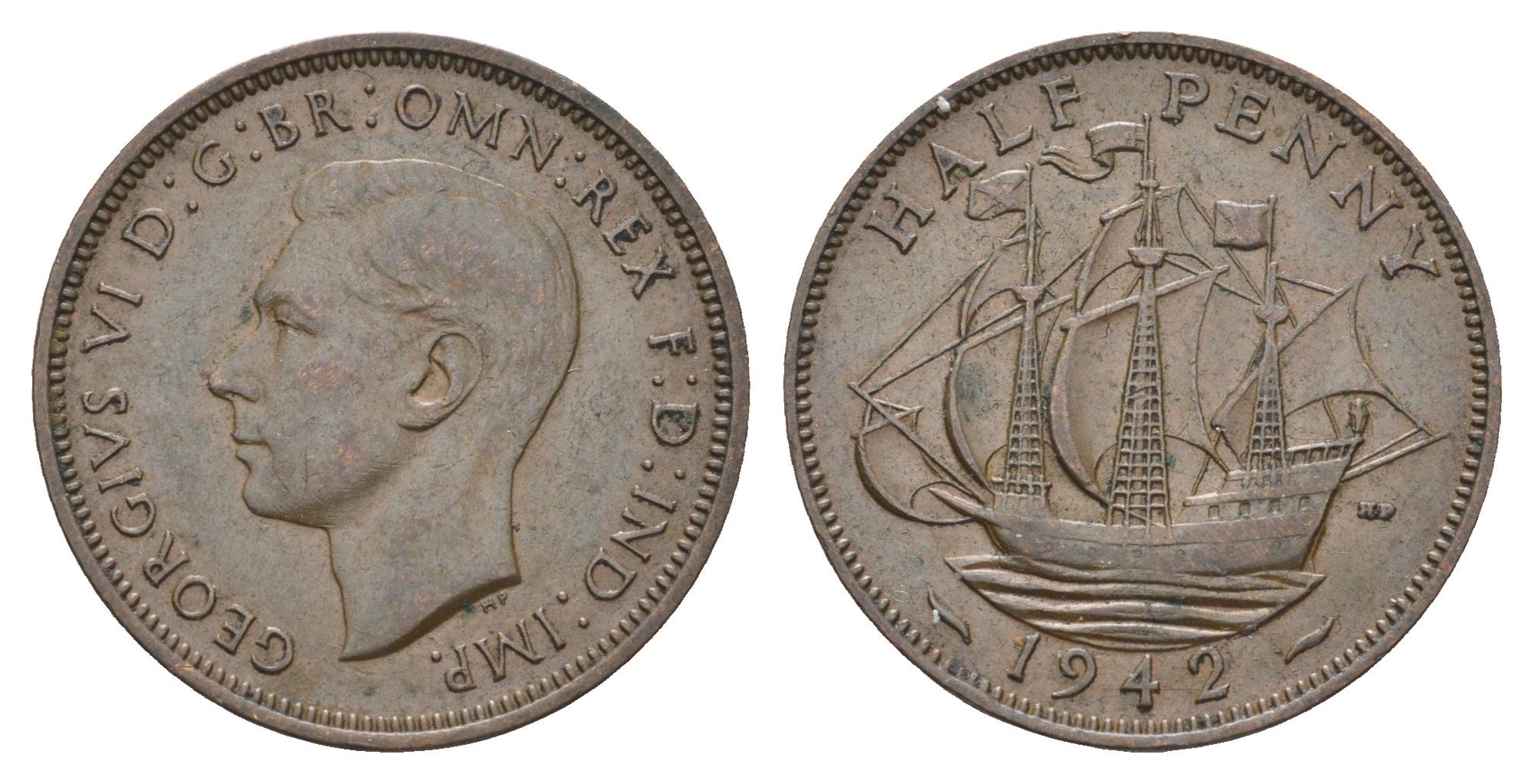 Великобритания 1/2 пенни 1942 Георг VI (1936-1952) KM 844, Spink 4115 бронза    4660-616