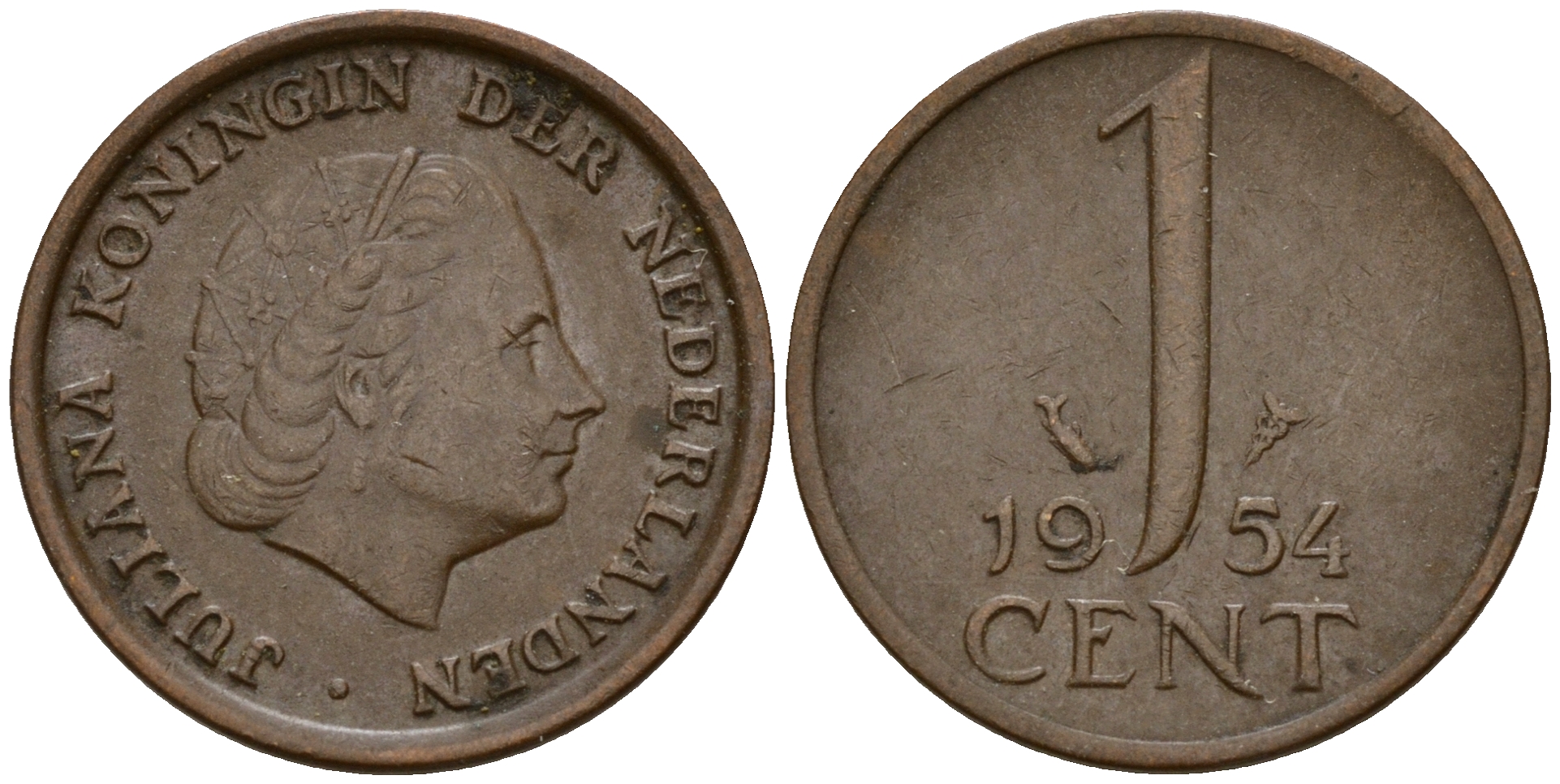 Нидерланды 1 цент 1954 Юлиана (1949-1980) KM 180 бронза    4598-156